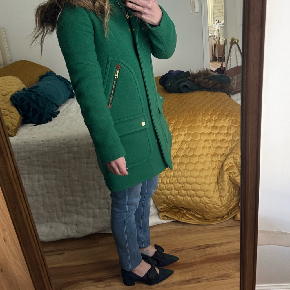 J. Crew Chateau Parka Italian stadium cloth wool meadow green Kelly trim hood 00 - Picture 10 of 11